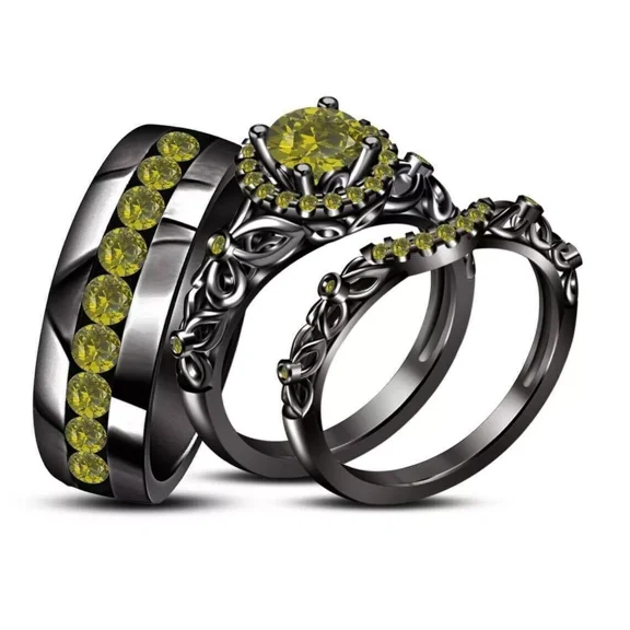 RKC 14K Black Gold Plated Lab Created Peridot Trio Bridal Set His Her Wedding Ring