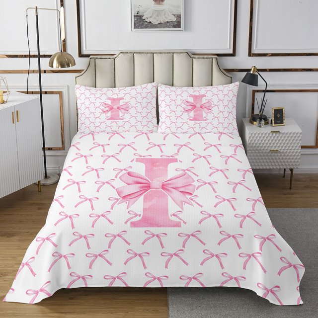 Erosebridal Kawaii Bowknot Coverlet Set King,Initial Letter Bedding Set,Monogrammed Decor,Breathable,3 Pieces