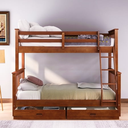 Solid Wood Twin Over Full Bunk Bed with Two Storage Drawer  Removable Ladder and Safety Guardrail for Kids  Teens  Adults  Convertible to 2 Separated beds  Walnut