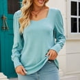 thumbnail image 2 of Camisa de punto para mujer, cuello cuadrado, mangas largas abullonadas, puños abotonados, camisa de punto informal, azul, verde, XXL, 2 of 5