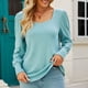 thumbnail image 2 of Blusa de punto con cuello cuadrado, mangas abullonadas y puños abotonados - Camisa informal azul verdosa, mangas largas, corte para mujer, talla L, 2 of 5