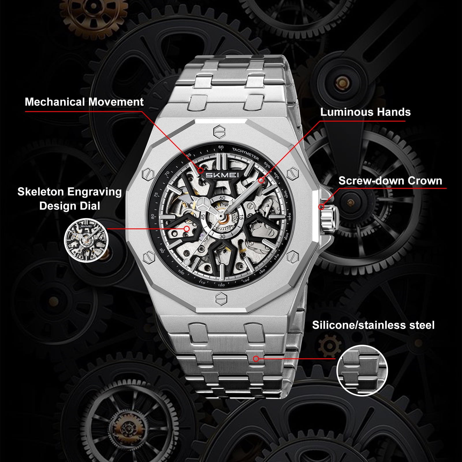 SKMEI Mens Luxury Skeleton Automatic Mechanical Wrist Watches Business Leisure Waterproof Luminous Pointer Self-Winding Wrist Watch