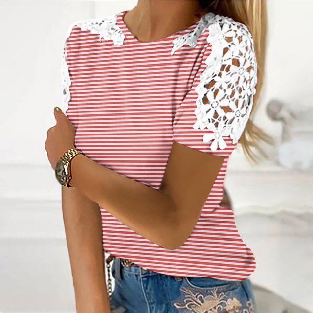 Blouses pour Femmes, Femmes Imprimé Manches Courtes Col Rond Pull Dentelle Hauts Chemises Blouse