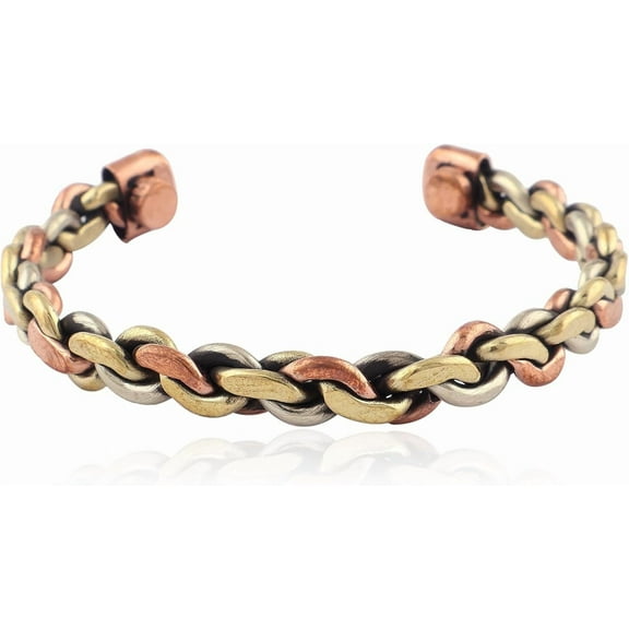Zeva Jewels Handmade Mixed Metal Braided Cuff Bracelet – Adjustable Unisex Brass, Copper & Silver-Tone Bangle