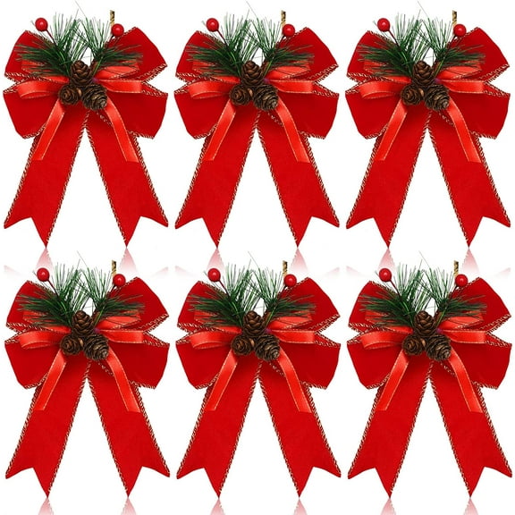 lvdiandian 6 Pcs Christmas Bows with Pine Cones Pine Needles Xmas Velvet Bows Red Ribbon Christmas Tree Wreath Decoration for Xmas Parties Indoor Outdoor Crafts DIY Decor Red