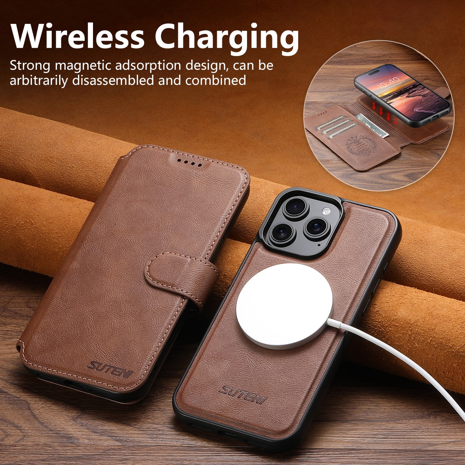 for iPhone 14 Pro Max Detachable Wallet Case, PU Leather Magnetic Cover Support Wireless Charging & Magnetic Car Mount, Card Slots Holder, Flip Stand, Folio Full Body Protective Phone Shell, Brown
