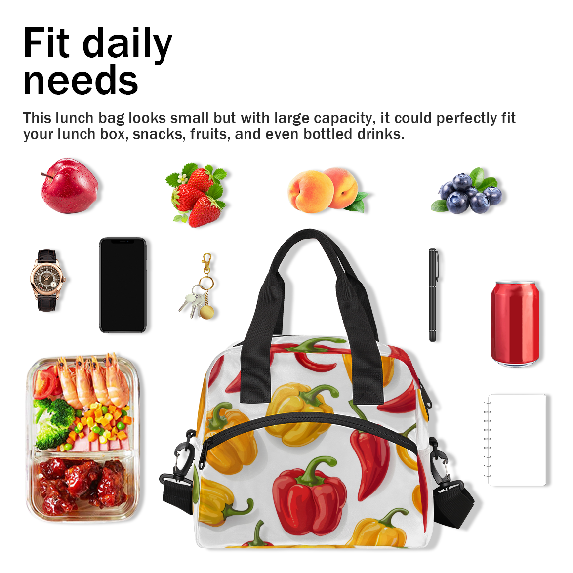 Herdesigns Chili Peppers Insulated Lunch Bag for Women Men Adults Large Reusable Lunch Box Colorful Leakproof Cooler Tote Bags with Adjustable Shoulder Strap