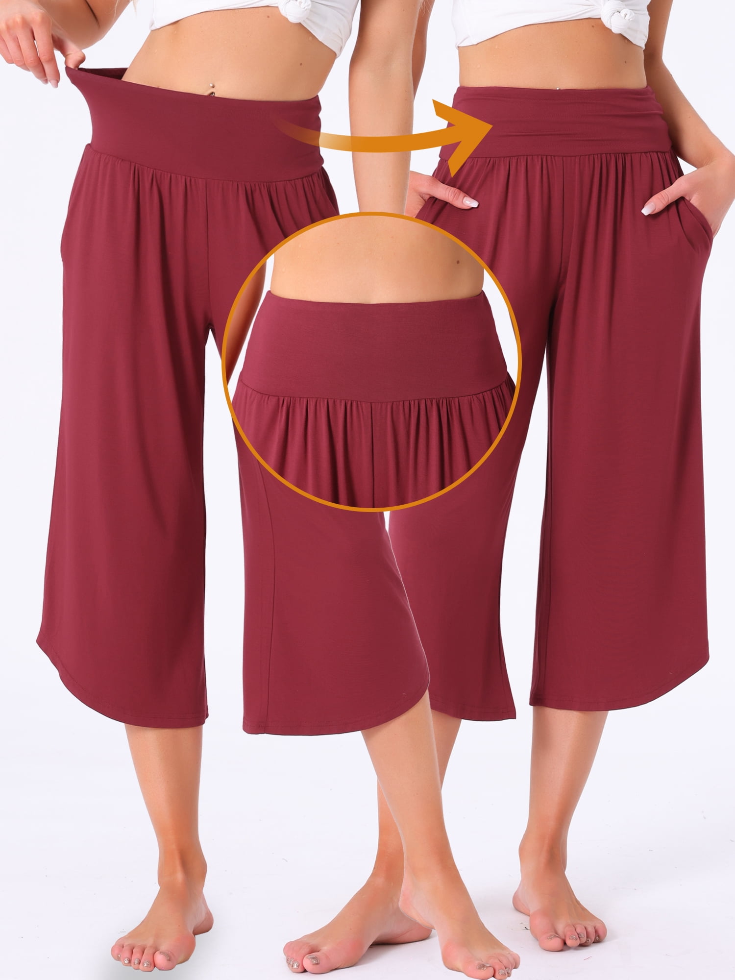 DARING DIVA Women's Capri Lounge Yoga Cropped Summer Casual Wide Leg Pants M Wine Red
