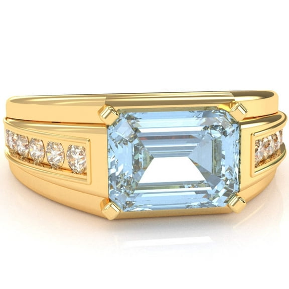 Men's Aquamarine Diamond Channel Ring In Solid 14k Yellow Gold