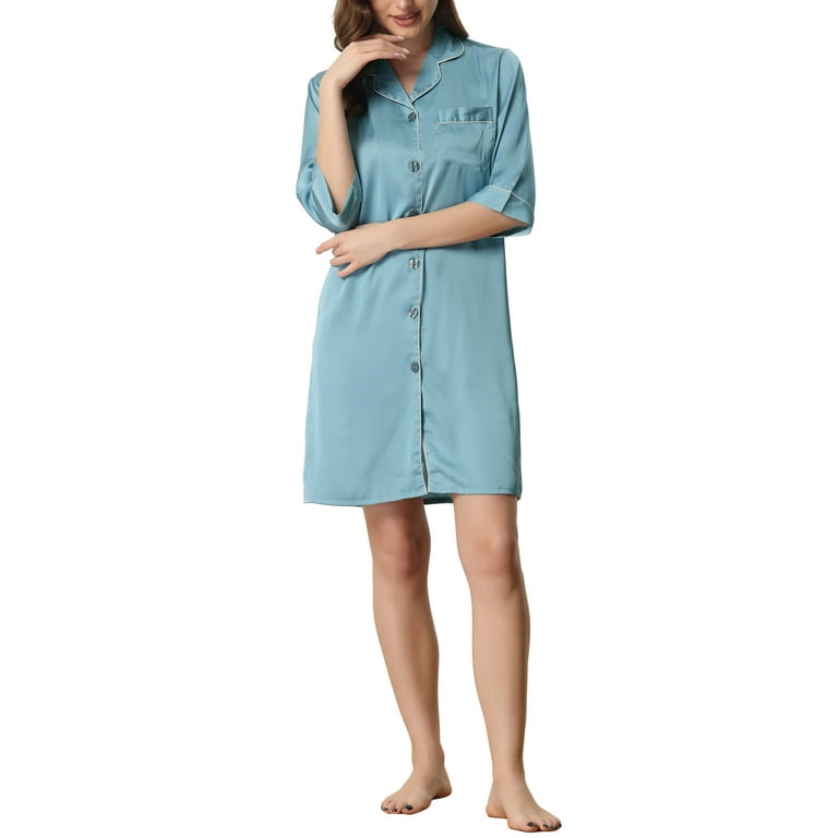 cheibear Women's Satin 3/4 Sleeve Button Down Nightshirt Blue X-Small