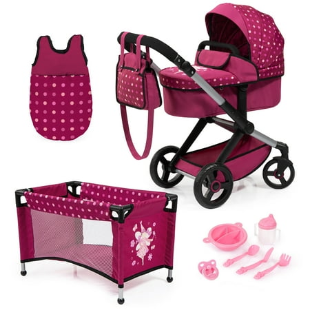 Bayer Design Dolls: Xeo Mega 10pc Set - Hot Pink, Dots , Fairy - Pram, Bed, Handbag, Feeding & Care Accessories For Dolls Up to 18", Kids Toy, Ages 3+