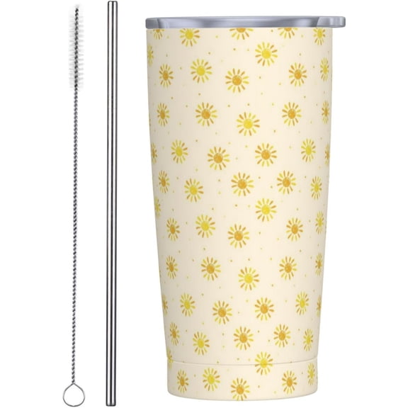Boho Sun Tumbler with Lid and Straw Summer Yellow Sunshine 20oz Insulated Stainless Steel Cup Travel Coffee Mug Water Bottle for Women Gift for Birthday Christmas