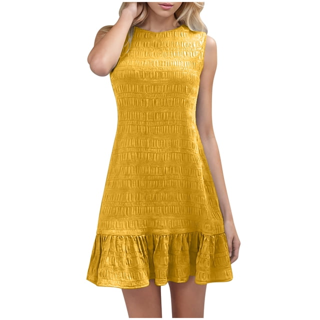 hotojiny Robes Boho pour Femmes 2025 Col Rond Uni Ourlet à Volants Robes Débardeurs Décontractées Texturées Sans Manches Robes d'Été