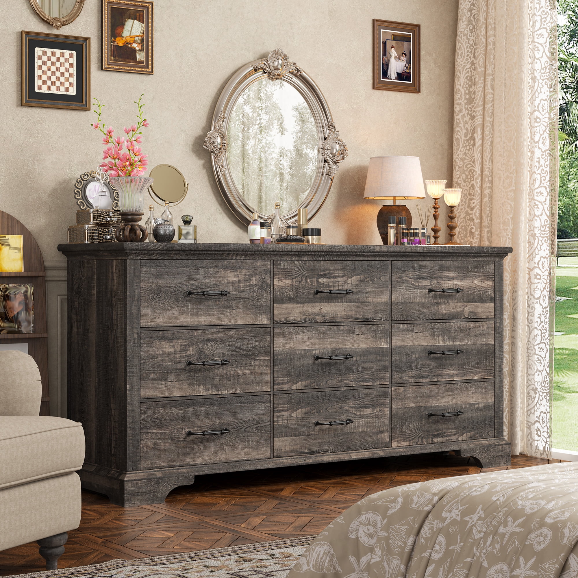 9 Drawers Dresser, 63"L Farmhouse Dressers for Bedroom & Chest of Drawers, Solid Wood TV Stand with Large Metal Handle,Dark Rustic Oak