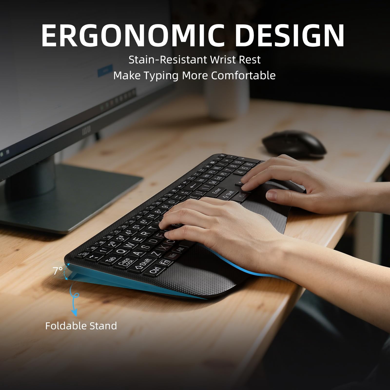 GEAK Large Print Wireless Keyboard, Full-Size Ergonomic Keyboard with Wrist Rest for Computer Keyboards, Rechargeable Silent Keyboard Gaming with 7-Color Backlit Light up Keys for Laptop Mac Windows