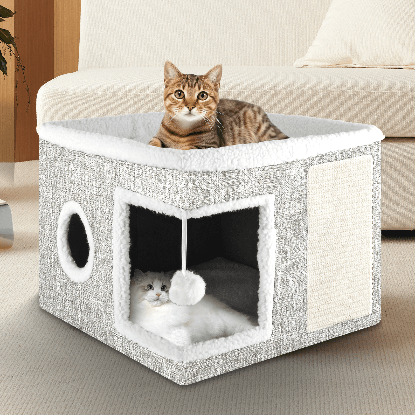 Cat Bed YUWENUS Cat House for Indoor Cats with 2 Cushion, Large Cat Cave with Scratch Pad and Fluffy Ball Hanging, Light Gray