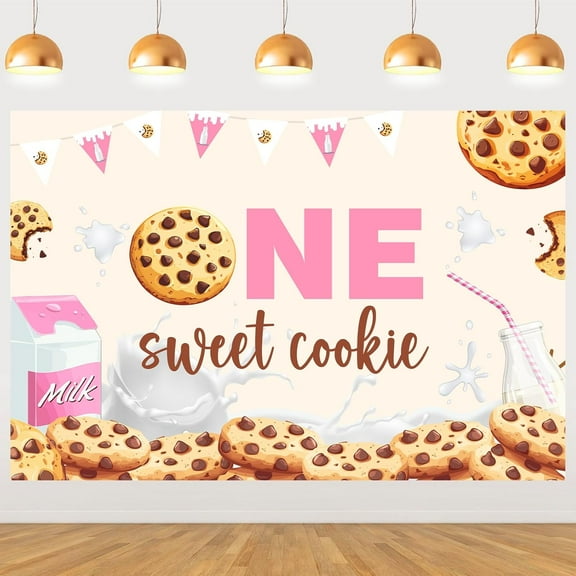 7x5FT Milk and Cookies 1st Birthday Party Backdrop Pink One Sweet Cookie Theme Photography Background Happy First Bday Baby Shower Party Decorations Banner Supplies Photo Booth Props