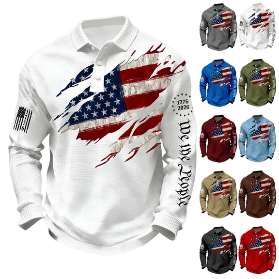 Havenx Men's Casual American 250th Anniversary T-Shirt Long-Sleeved Waffle Fabric Shirt American Flag Printed Buttons Polo 250 Years Of Freedom Cross Patriotic Tees,Blue M