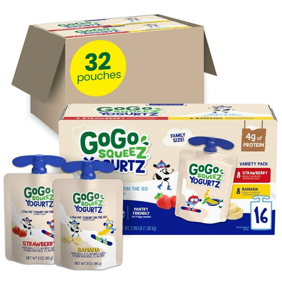 GoGo squeeZ yogurtZ Strawberry and Banana Snack Pouches, 3 oz, 32 Pack