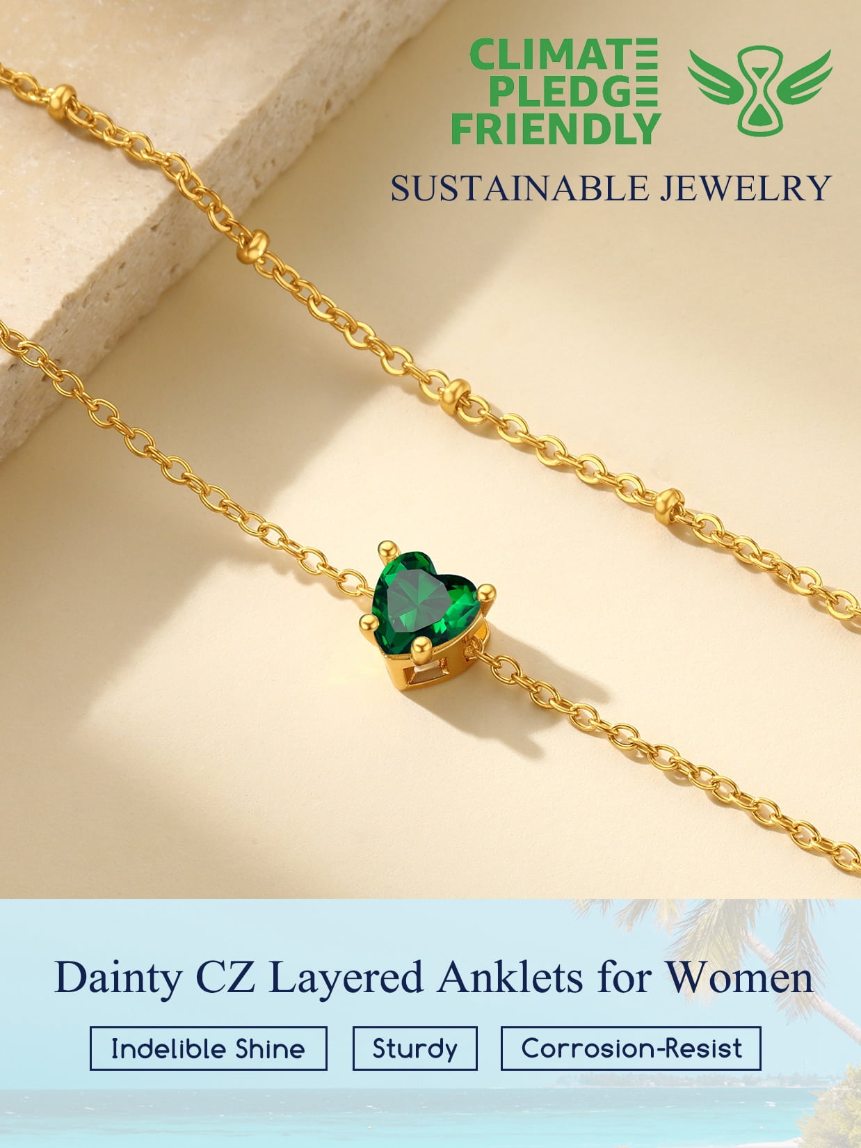Suplight 925 Stelring Silver Birthstone Crystal Anklet Double Layered Ankle Chain Bracelets for Women