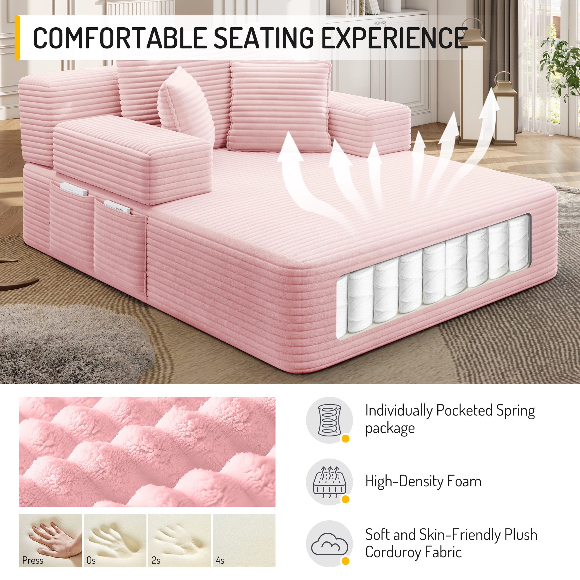 Avobird Luxury Plush Corduroy Chaise Lounge, Convertible Sofa Bed with Storage Pocket, Frameless Design, Specially Designed for Small Spaces and Apartments (Baby Pink)