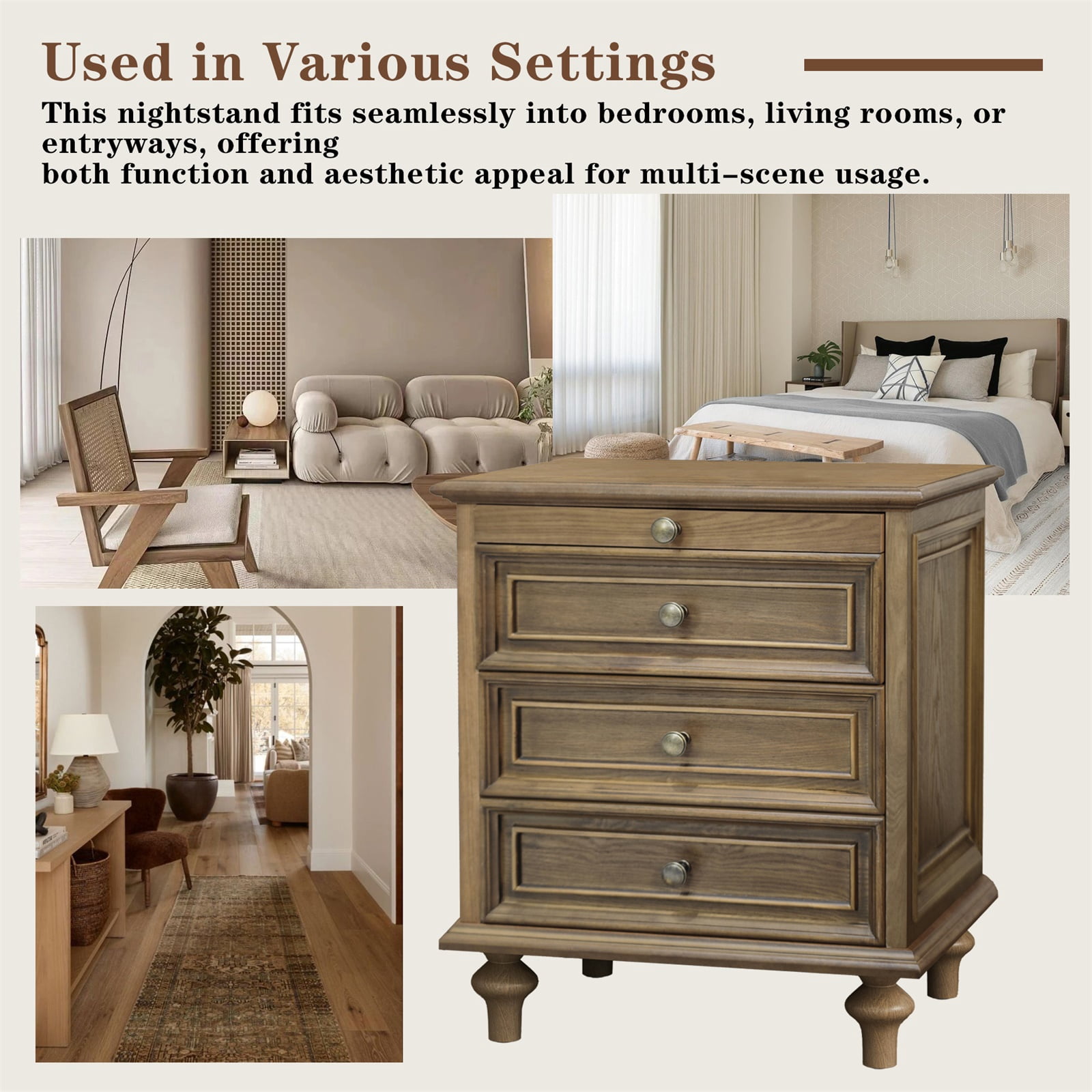 Hommoo Farmhouse Wood 4-Drawer Nightstands, Large End Table Bedside Table with Solid Wood Feet and Metal Handle, for Living Room,Bedroom,Office, Walnut Brown