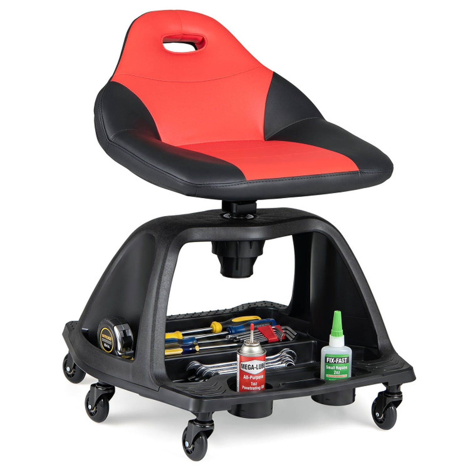Biotree Rolling Mechanic Stool 29.5" x 23" Adjustable Height Shop Seat for Garage with Tool Tray for Garage Shop, Red
