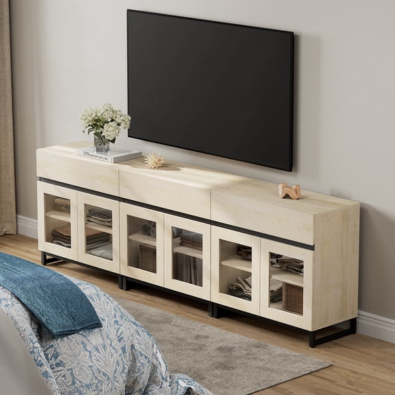 WAMPAT Modern TV Stand with Glass Doors for 110 inch TVs, 3 in 1 Entertainment Center Console with 3 Drawers and Metal Base for Living Room, Bedroom, Beige