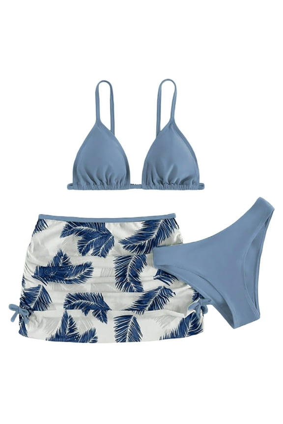 Summer Swimwear for Girls Girl's Cute 3 Piece Bikini Set High Waisted Swimsuit Bathing Suit Beachwear(Blue,13-14 Years)