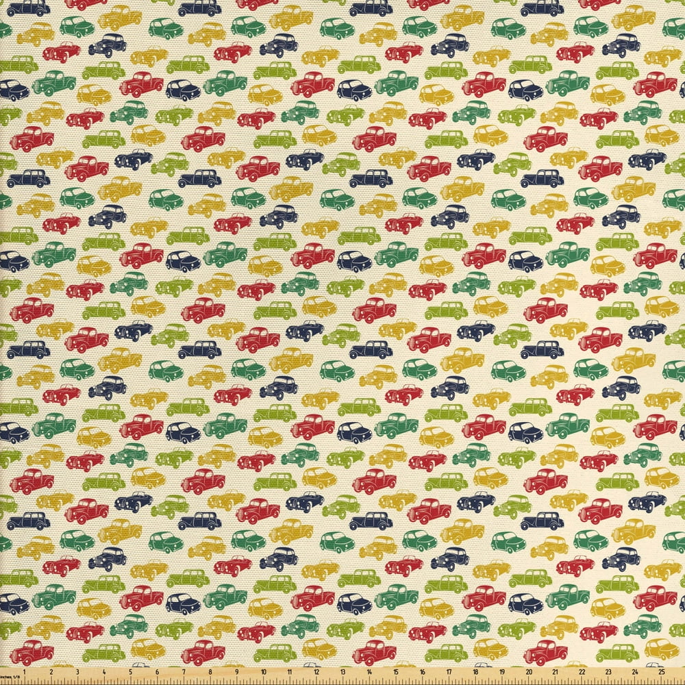 Cars Fabric by The Yard, Various Vehicles with Curved Edges Vintage Car