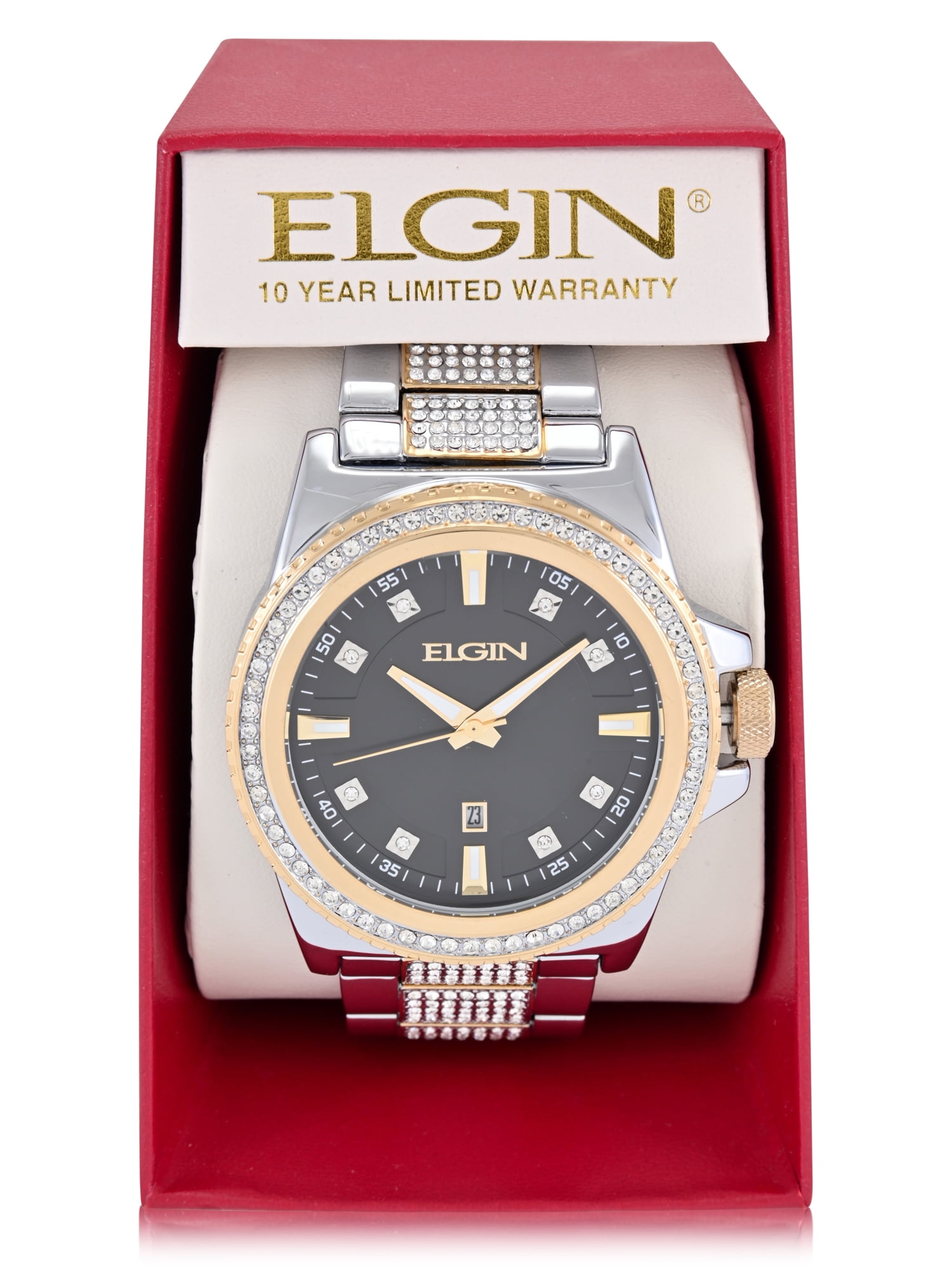 Elgin Adult Men's Silver and Crystal Round Case Watch with Gold