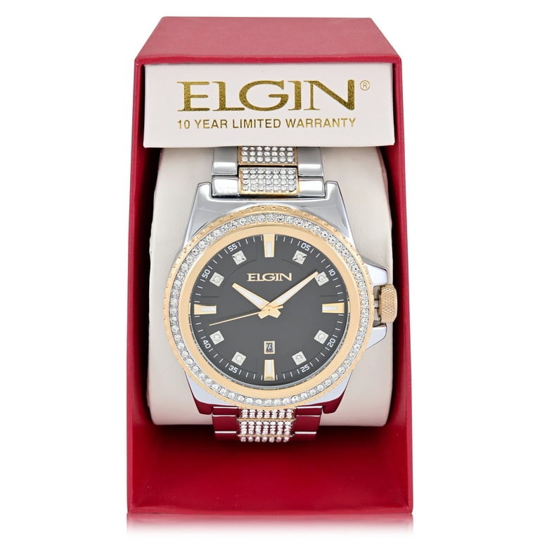 Elgin Adult Men's Silver and Crystal Round Case Watch with
