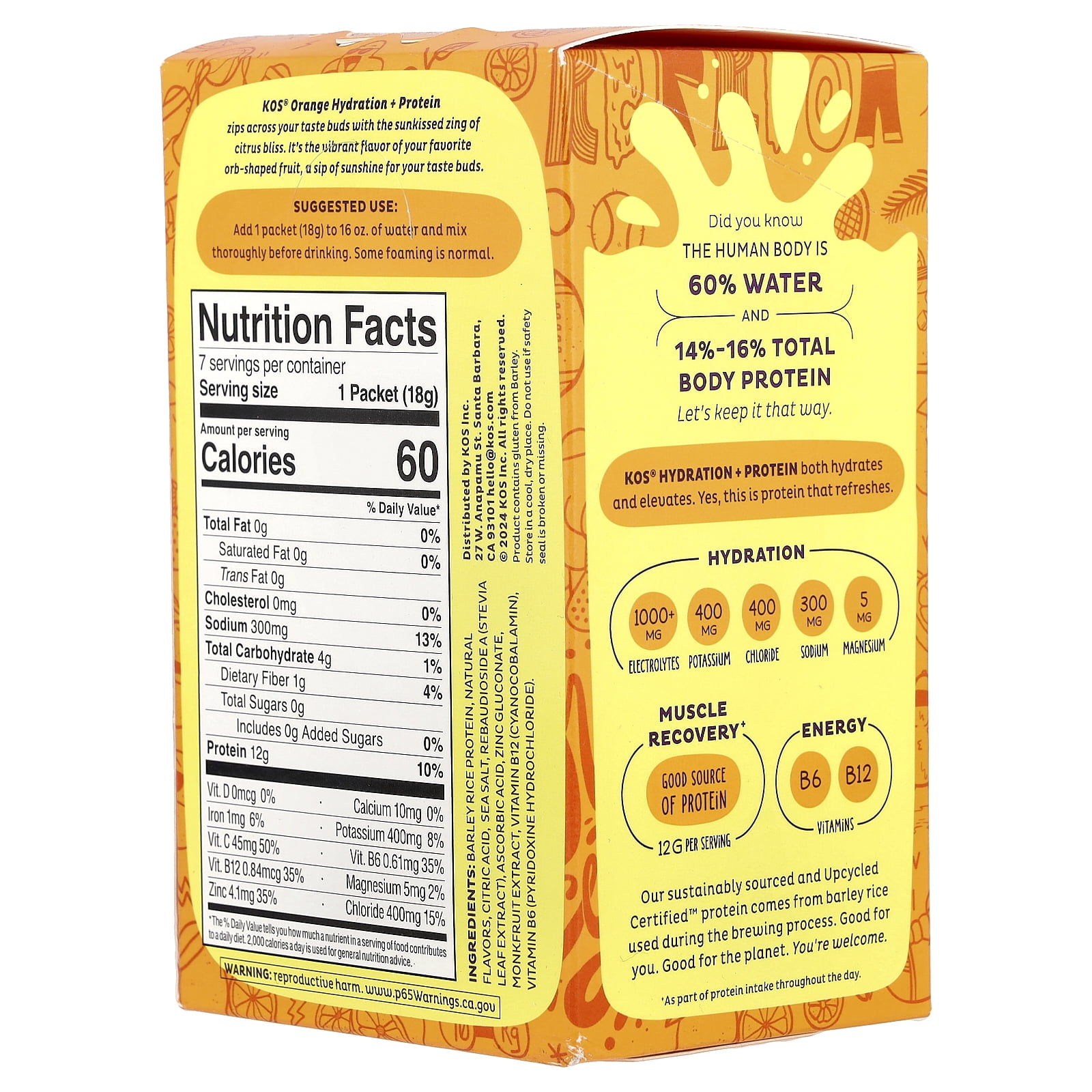 KOS Hydration + Protein, Refreshing Drink Mix, Orange , 7 Packets, 0.65 oz (18 g) Each