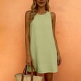 thumbnail image 5 of Mini Dress for Women 2026 Solid Linen Crew Neck Summer Vacation Going Out Cute Short Dress Green XS, 5 of 6