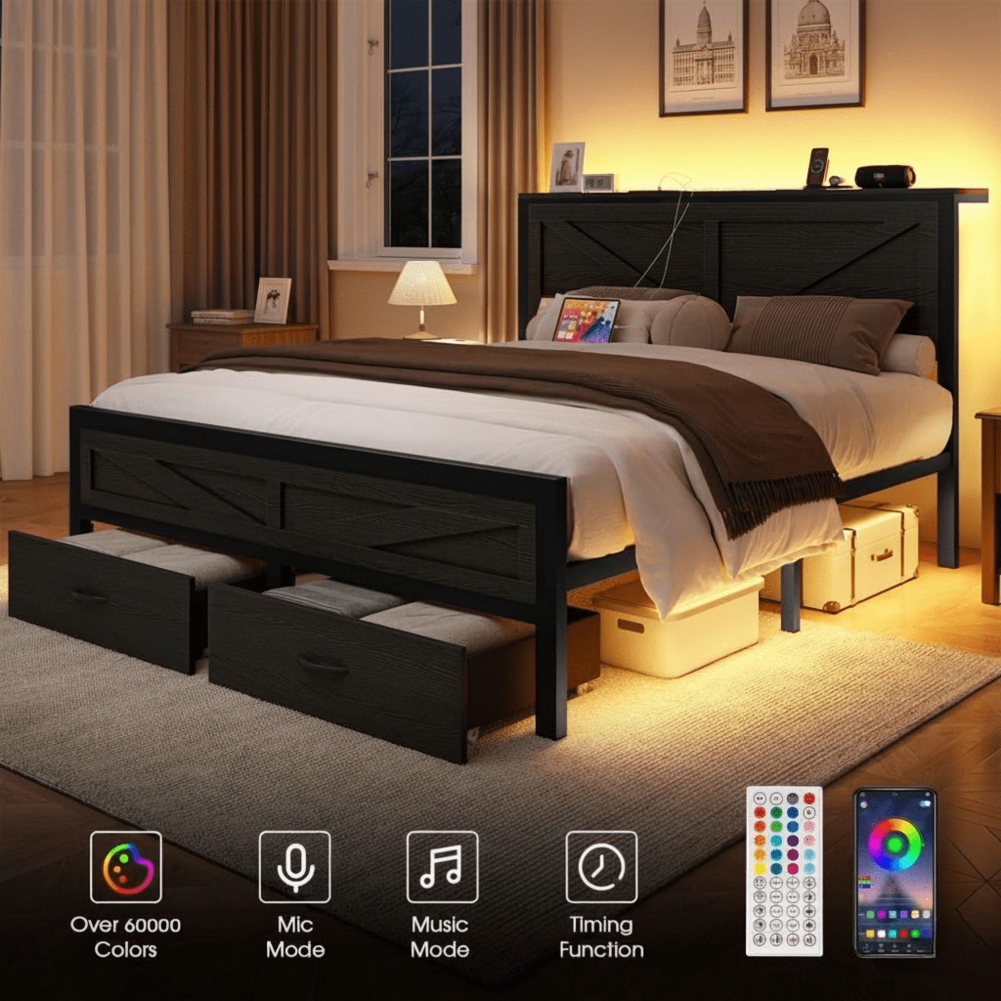 Queen Size Bed Frame with Storage Drawers & Barn Door Headboard, Industrial Farmhouse Platform Bed with LED Lights & Charging Station, No Box Spring Needed (Black)