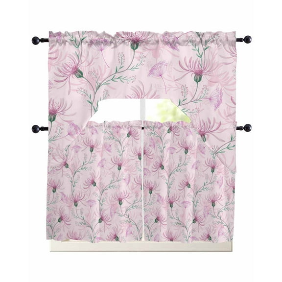 Pink Flowers Kitchen Curtains Sets 24 Inch Length with Valance, Watercolor Country Botanical Floral Vines Swag Valances and Tiers Curtain Set Drapes Swag Curtains for Living Room, Bathroom, Bedroom