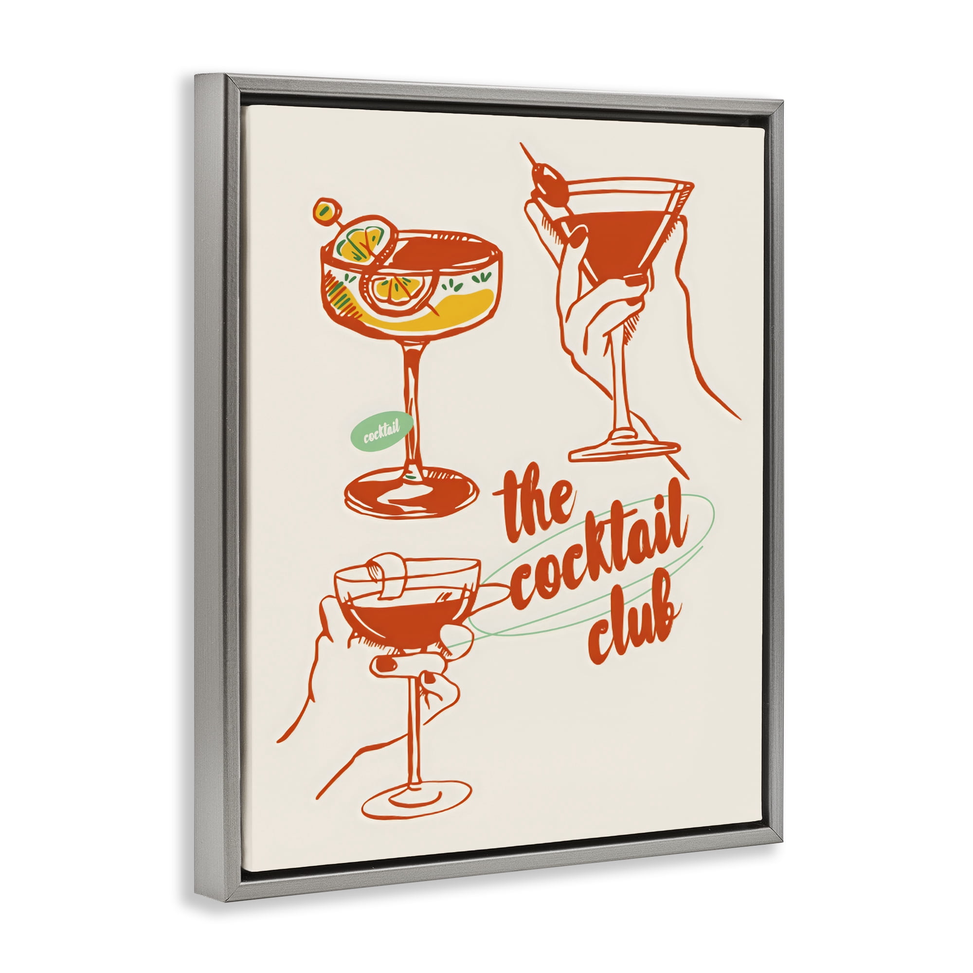 Stupell Industries Cocktail Club Toasting Glasses Gray Framed Floater Canvas Wall Art, design by The Prints Vibe