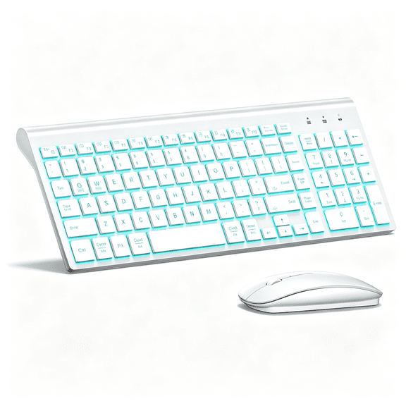 GJX Wireless Backlit Keyboard and Mouse Ultra Slim Combo, 2.4G Silent Compact 2400Dpi Mouse and Scissor Switch Keyboard Set, Batteries Included, for Pc/Laptop Mac/Gaming - Bl Matte White