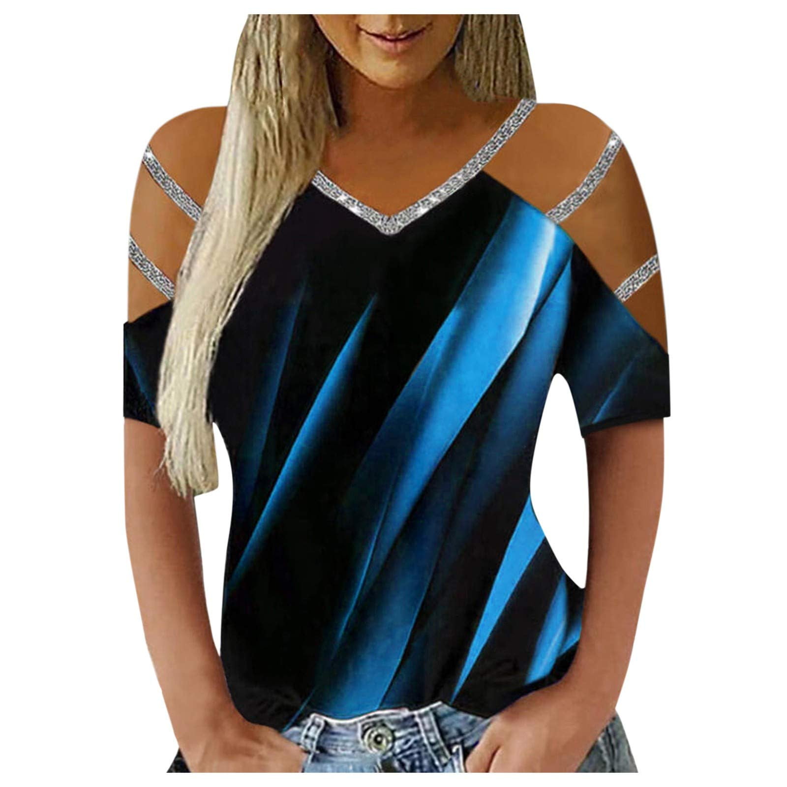 Summer Women Cold Shoulder Tops Short Sleeve Sharking Bandage T Shirt ...