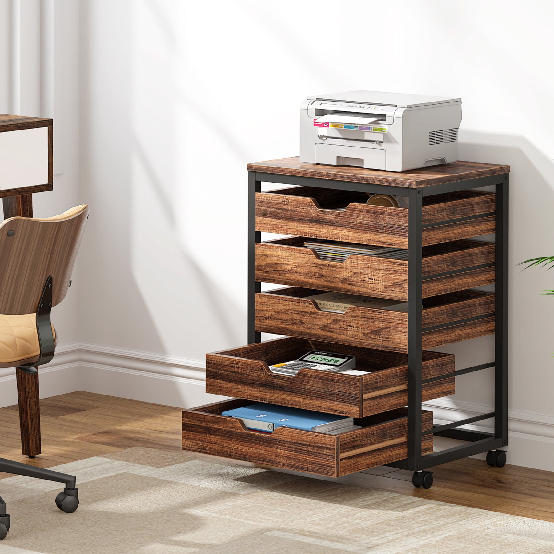 Tribesigns Industrial 5-Drawer File Cabinet, Wooden Mobile Lateral Filing Cabinet with Storage Drawers and Wheels for Home Office, Rustic Walnut