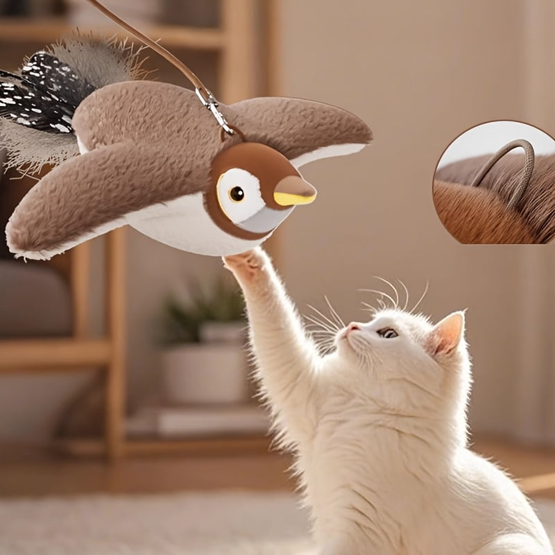 Interactive Cat Toy Bird – Realistic Sparrow Design with Feather Tail, Stimulates Hunting Instinct & Indoor Play, 6.5-inch Pet Toy for Kitten & Adult Cats