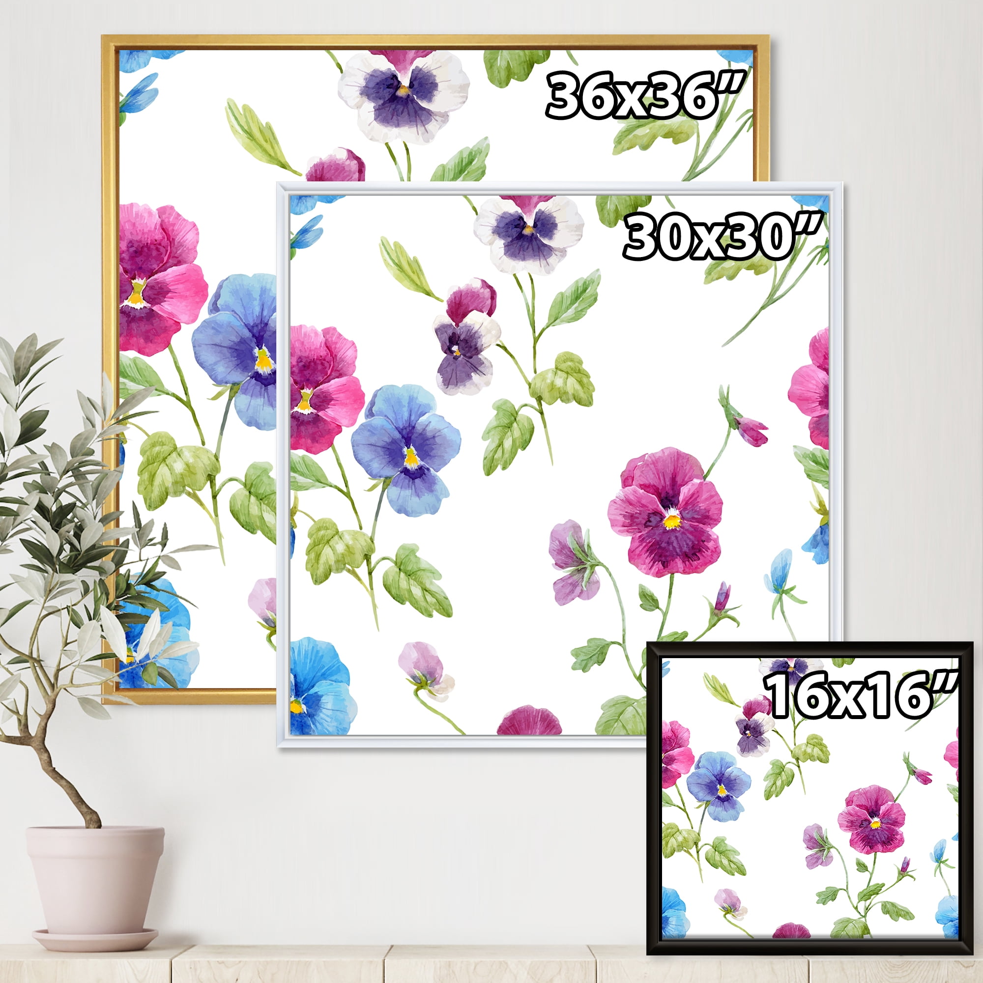 Designart 'Blue and Pink Pansy Flowers II' Traditional Framed Canvas Wall Art Print