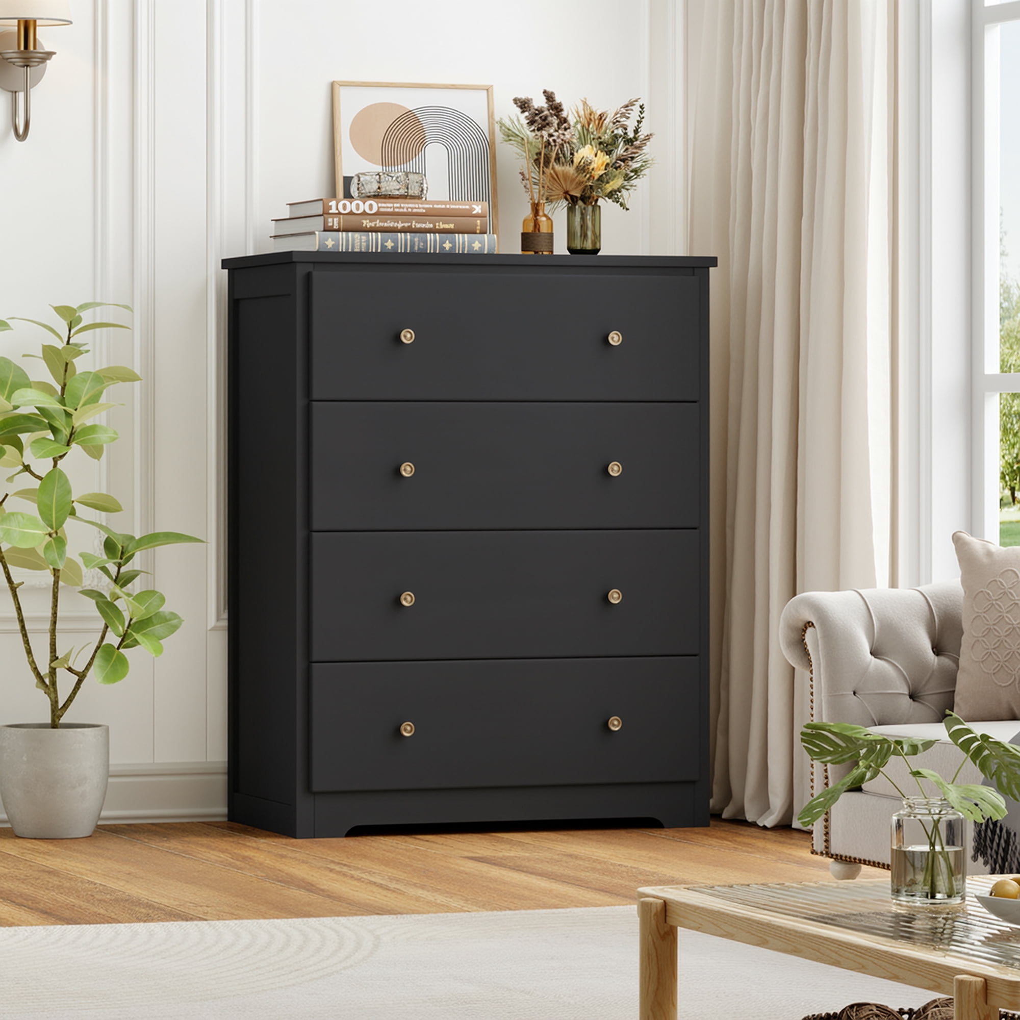 Homfa Dresser Chest, Modern Chest Organizer with 4 Drawers for Bedroom, Black Finish