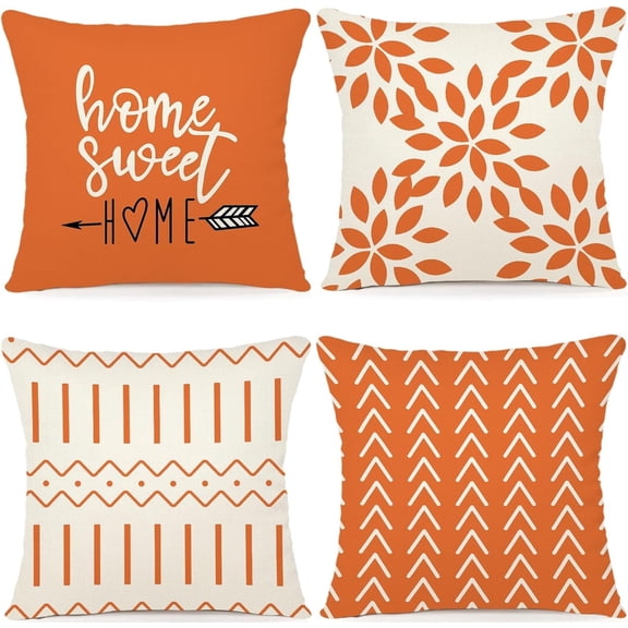 Fall Pillow Covers 16x16 Set of 4, Modern Sofa Throw Pillow Cover for Fall Decor, Decorative Outdoor Linen Fabric Pillow Case for Couch Bed Car, Orange