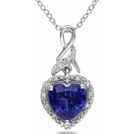 Blue Sapphire Diamond Necklace - 2-1/4 Carat T.G.W. Created Blue Sapphire and Diamond-Accent Sterling Silver Heart Women's Pendant Necklace, 18
