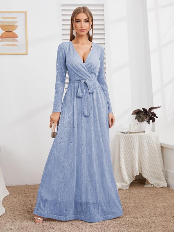 Women Sequin Dress Long Sleeve V Neck 