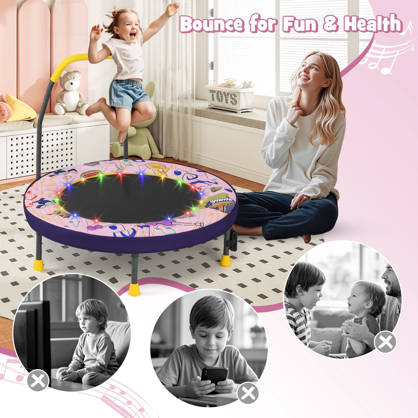 Gymax 36'' Foldable Kid Trampoline w/ 20 LED Lights Foam Handlebar Padded Safety Cover Pink
