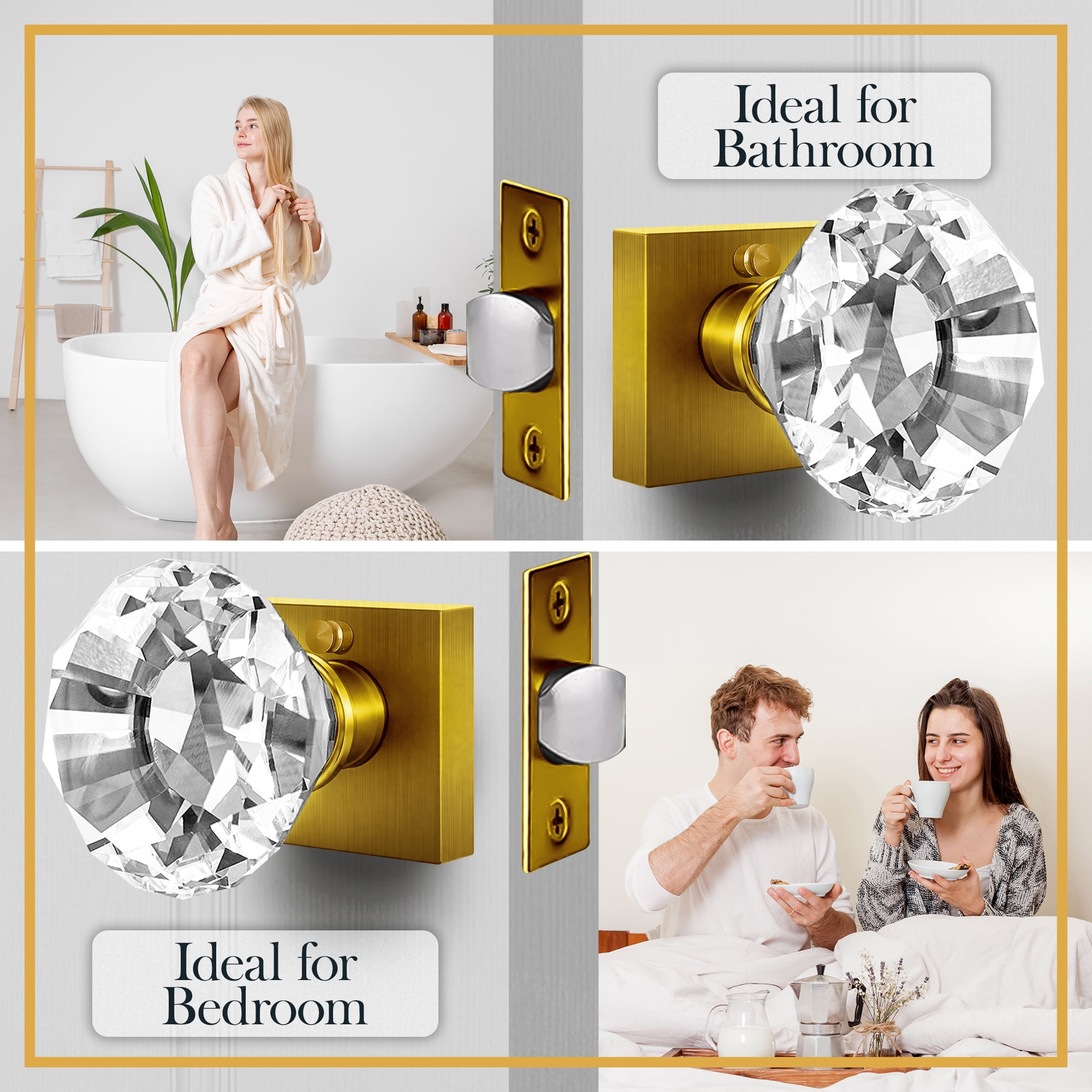 Balin Designs Gold Crystal Door Knobs with Lock, Glass Door Knobs Interior Privacy Set, Square Brass Vintage Decorative Antique Style Handle for Bedroom, Bathroom, Closet, 1 Pack