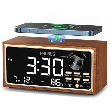 PRUNUS J-177 Retro Vintage Alarm Clock Radio with Fast Wireless Charging, Dual Alarms, Snooze, Large LED Display,Dimmer Control,Auto-Dimming,Retro Clock for Bedroom