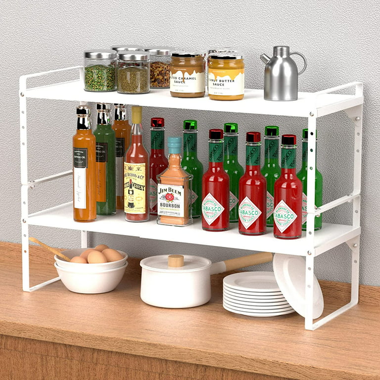 Hapirm Spice Shelf Organizer for Cabinet, Stackable Cabinet Shelf Kitchen  Cabinet Organizers and Storage with Safety Guardrail for Spice Rack Kitchen  Counter Accessories,Stainless Steel (Sliver) 